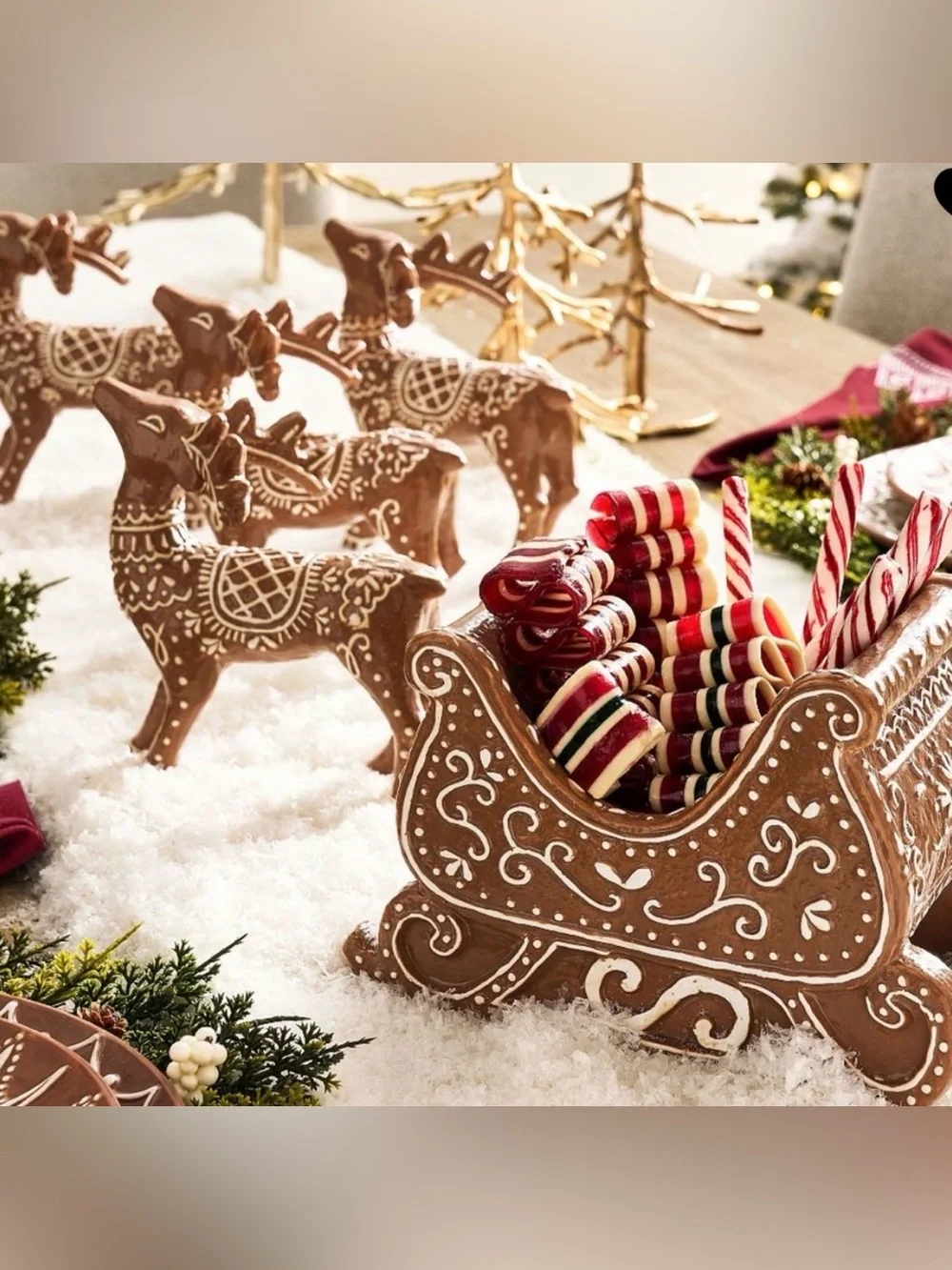 Pottery Barn Handcrafted Ceramic Gingerbread Reindeer & Sleigh Set
